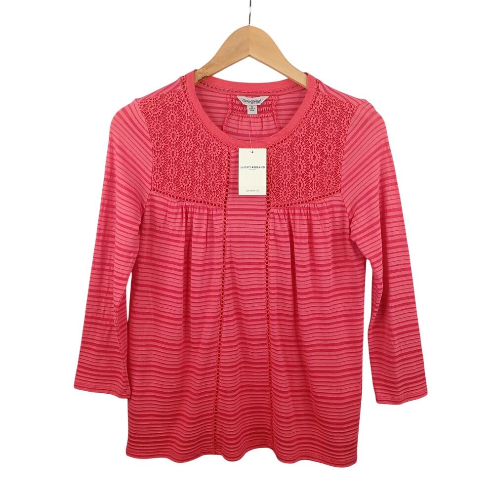 Lucky Brand‎ Women Crochet Lace Boho Top Size S Red Knit Shadow Stripe Festival